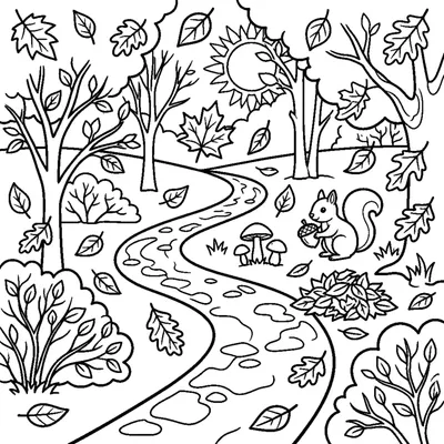 Falling Leaves on a Winding Path in the Autumn Forest
