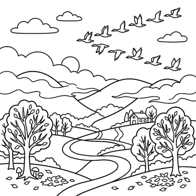 Misty Autumn Hills with a Flock of Flying Birds