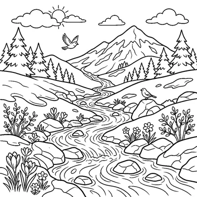 Rushing Mountain Stream as Snow Melts in Spring