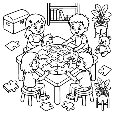 A Team Working Together on a Big Jigsaw Puzzle