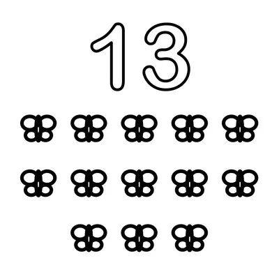 Number 13 and 13 tiny butterflies
