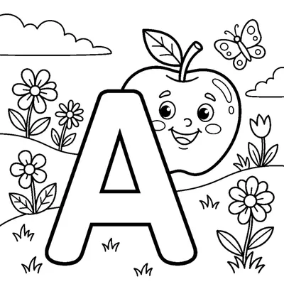 Letter A with a cute Apple in a floral scene