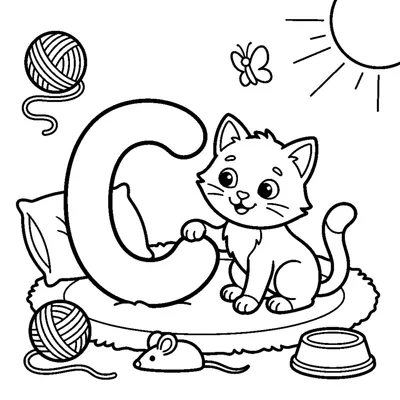 Letter C with a sweet Kitten in a cozy scene