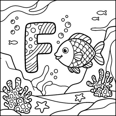 Letter F with a colorful Fish in an underwater scene