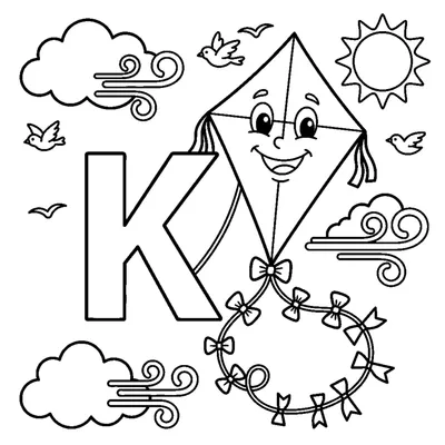 Letter K with a flying Kite in a windy sky