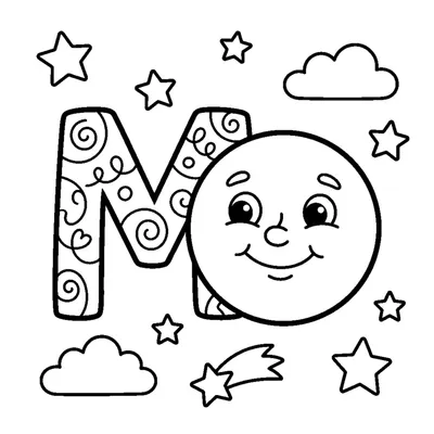 Letter M with a full Moon in a starry night sky