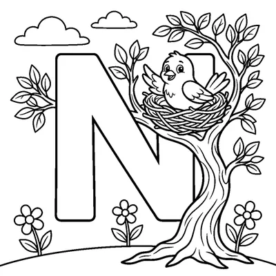 Letter N with a bird in a cozy Nest on a tree