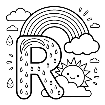 Letter R with a beautiful Rainbow in the clouds