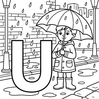 Letter U with a colorful Umbrella on a rainy day