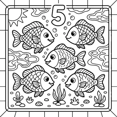 Count and color the 5 colorful fish swimming in the pond