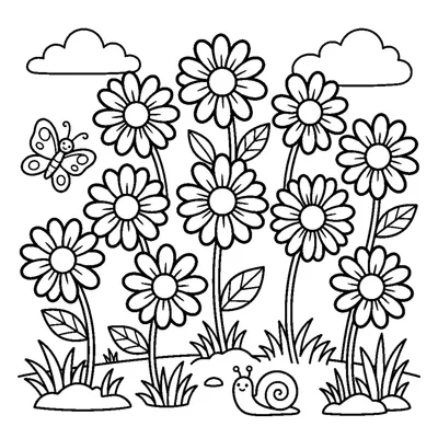 Count and color the 10 daisies in the garden