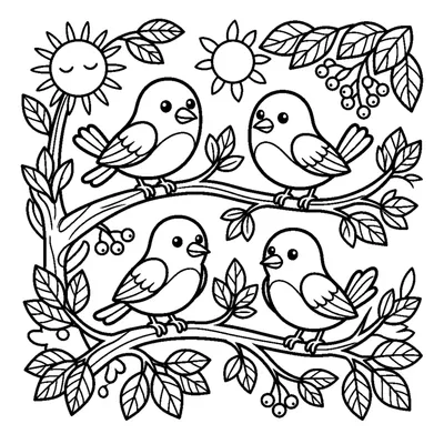 Count the 4 little birds on the branch