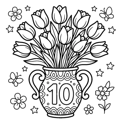 Count and color the 10 colorful tulips in the vase