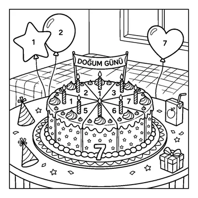 Count and color the 7 slices of cake on the table