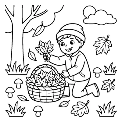 A cheerful child collecting fallen leaves in a basket in autumn