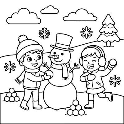 Children building a snowman and having a snowball fight on a winter day