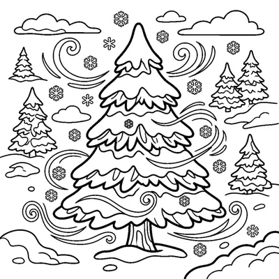 Swirling snowflakes and snow-covered pine trees in a blizzard