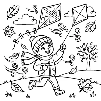A happy child flying a kite on a windy autumn day