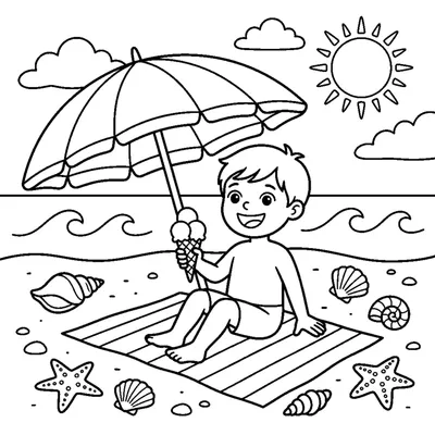 A child eating ice cream under a beach umbrella with seashells