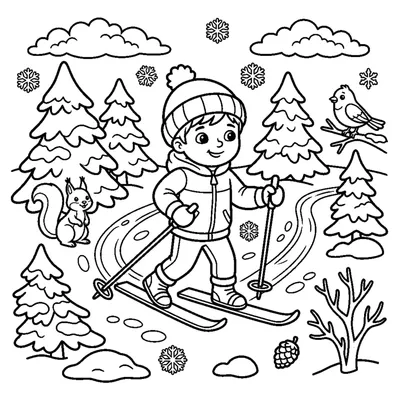 A child skiing on a snowy path in a winter forest