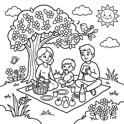 A family having a picnic under a blooming fruit tree in spring