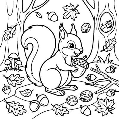 Squirrels gathering nuts and acorns in the autumn forest