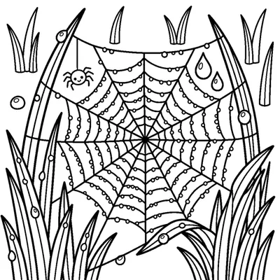 A spider web and grass covered with dew on a foggy morning