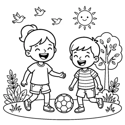 Two siblings laughing and playing ball in the garden