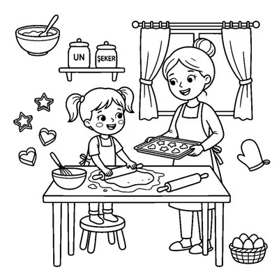 A cute little girl making cookies with her mom in the kitchen