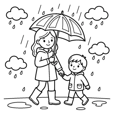 A mother and child walking hand in hand under an umbrella in the rain