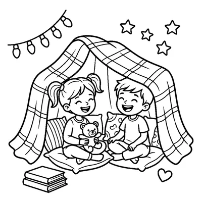 Two siblings laughing in their blanket fort