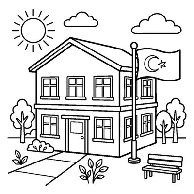 Two-story elementary school with a yard and flagpole