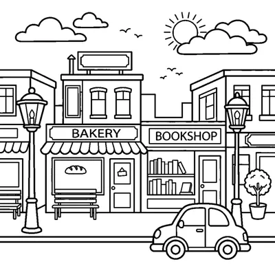 A city street with shops and streetlights