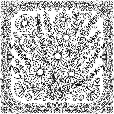 Daisy and lavender arrangement in a leafy frame