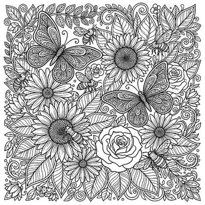Flowerbed with butterflies, bees, and detailed leaves