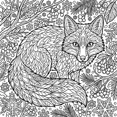 Red fox with a fluffy tail hiding in a snowy bush