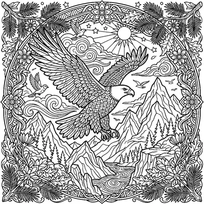 Bald eagle soaring over mountains with detailed feathers