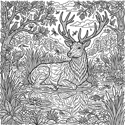 Stag resting by a marsh with reeds and water reflections