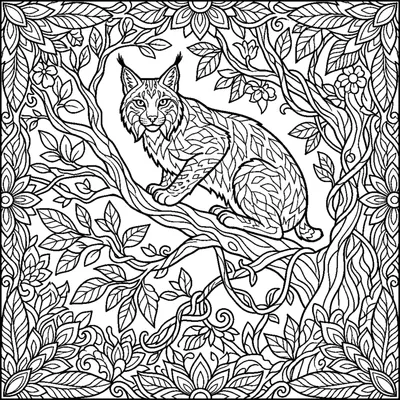 Lynx with tufted ears perched on a high branch