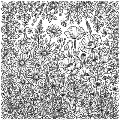 Lush English Garden with Daisies and Poppies