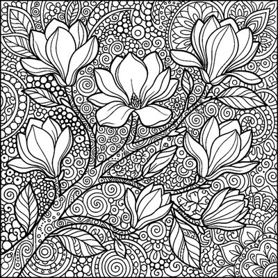 Blooming Magnolia Branch with Zentangle Spirals