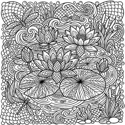 Lotus Pond with Zentangle Fish Scale Patterns