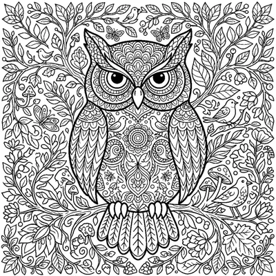 Owl silhouette with nested mandala and feather patterns