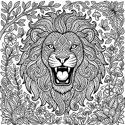 Roaring lion portrait with zentangle spirals in its mane