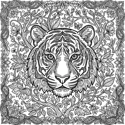 Tiger face with sparkling eyes and paisley patterns in its stripes