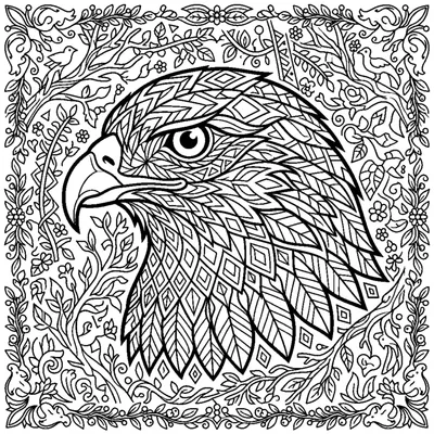 Hawk head with sharp geometric patterns on its feathers