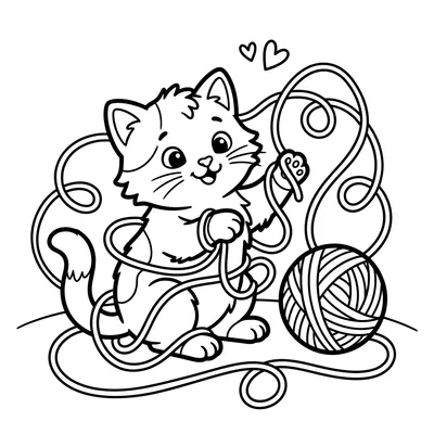 Cat Playing with Yarn Coloring Page