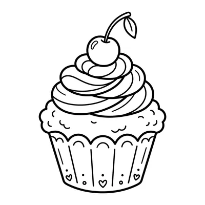 Cute Cupcake with Cherry Coloring Page