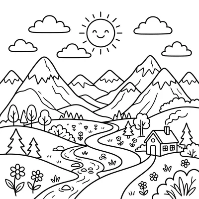 Mountain Cabin Landscape Coloring Page
