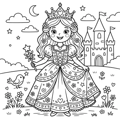 Smiling Princess in Front of Her Castle Coloring Page
